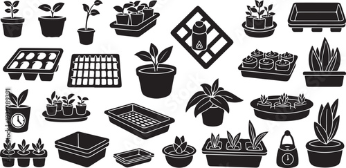 Black and white illustration of various plant icons and tools