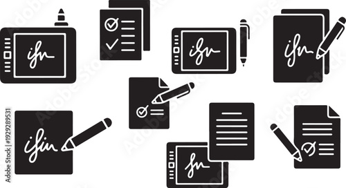Black and white icons of documents and signatures online