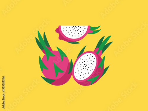 Vibrant pink dragon fruit halves and slice with green leaves a bright yellow background