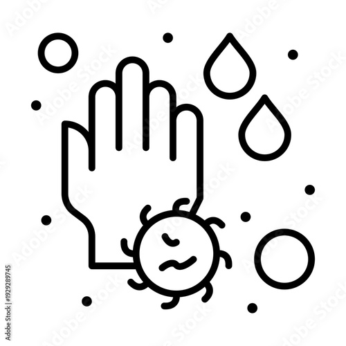 Hygiene Shield: An outline of hand repelling virus and water drop represents protection against contamination, emphasizing cleanliness and defense against illness.