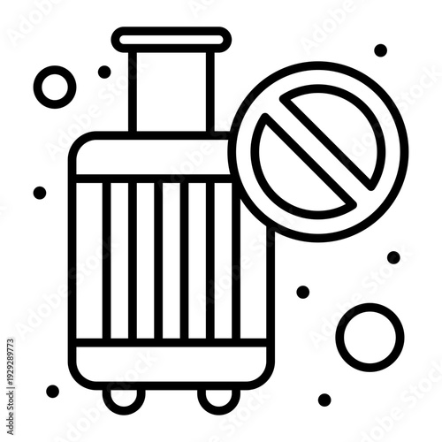 Travel Ban Icon: This simple icon conveys a message of travel restrictions. A suitcase is superimposed with a 'no' symbol, representing travel limitations, restrictions and warnings.