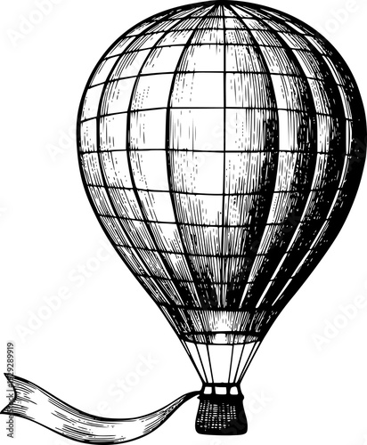 Vintage hot air balloon with flowing banner in black and white style