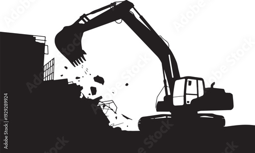Black silhouette excavator demolishing building demolition