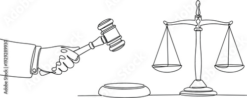 Continuous line drawing of a hand holding a judge gavel and scales of justice for legal concepts,Continuous line drawing of a hand holding a judge gavel and scales of justice for legal concepts,