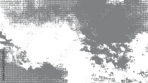 Gray and white abstract pattern with halftone dots and irregular shapes
