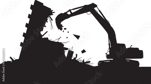 Black silhouette excavator demolishing building demolition