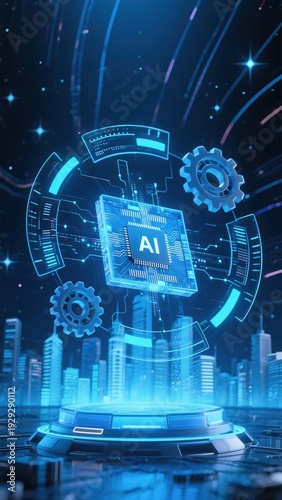Futuristic AI chip with holographic interface and cityscape background