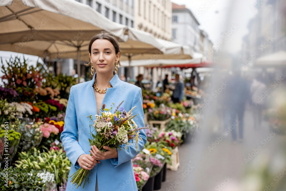 Fototapeta premium Beautiful woman in blue high collar jacket holding colorful flower bouquet at luxury outdoor street market in spring