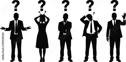 Silhouettes of business people with question marks confused