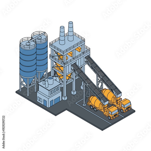 Industrial Facility with Trucks and Silos.