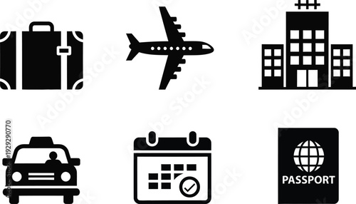 Travel and tourism icons set including transportation and documents