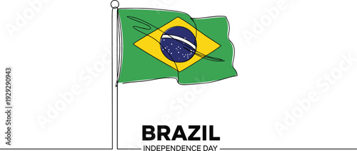 Brazil Independence Day line art illustration featuring the national flag waving on a pole for patriotic celebrations
