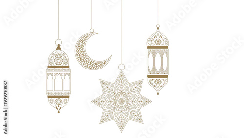 Paper Cut Style Ramadan Hanging Mobiles with Lantern Crescent Moon Star and Mosque Lamp Layered Islamic Vector Set
