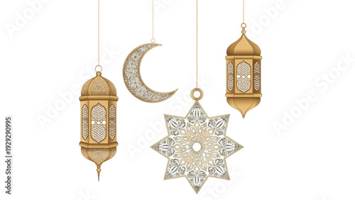 Luxury Ramadan Hanging Ornament Collection with Gold Lanterns Crescent Moon and Star Charms Elegant Islamic Decoration Vector Set