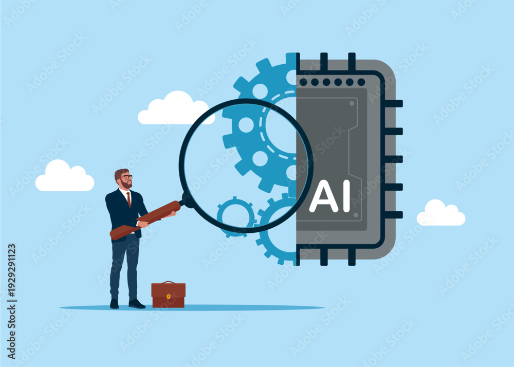 Naklejka premium Businessman looking through magnifying glass on artificial Intelligence chip with gear system move. Technology of ideas and global or use Ai for data analysis. Flat vector illustration