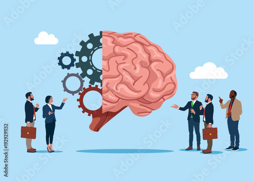 Think about increased emotional intelligence. Brain with gear system move. Flat vector illustration.