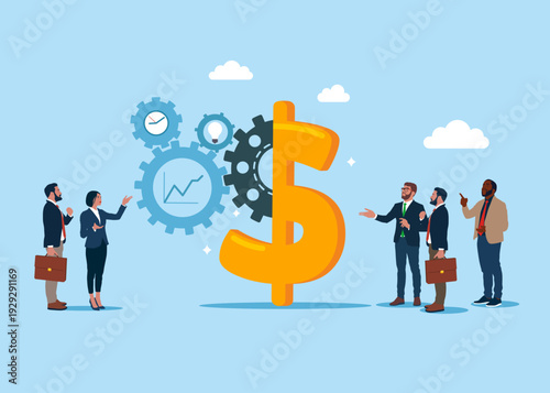 Business team and sign dollar.  Money with cog gear production. Optimize cost and expense for better profit strategy. Flat vector illustration