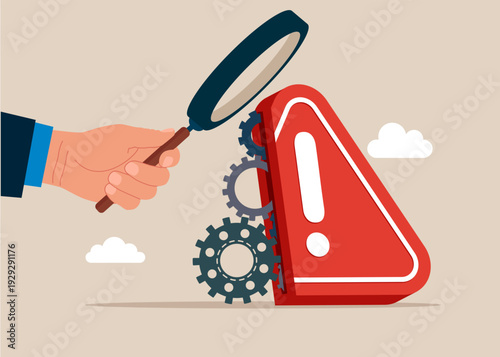 Investigate incident with exclamation attention sign with gear system move. Flat vector illustration