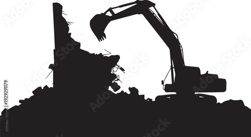 Black silhouette excavator demolishing building demolition