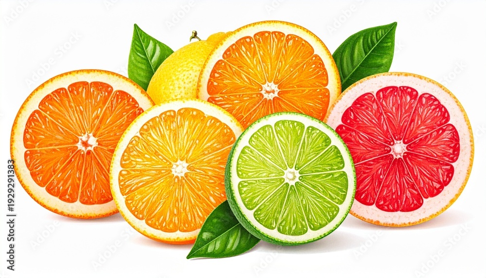 Obraz premium A colorful arrangement of citrus slices—orange, lemon, lime, and grapefruit—with vibrant hues and fresh green leaves, set against a clean background to highlight texture, detail, and natural freshness