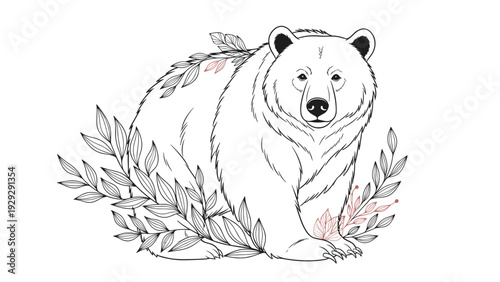 Detailed black and white line art illustration depicts a large bear standing among delicate branches and leaves in a serene nature scene.