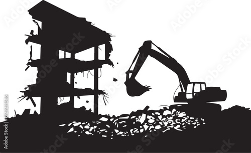 Black silhouette excavator demolishing building demolition
