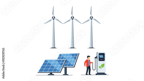 Concept of renewable energy and clean technology is shown through wind turbines, solar panels, and a person charging an electric car.