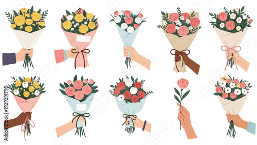 Diverse collection of ten hands with different skin tones each holding a unique and colorful bouquet of various spring flowers.