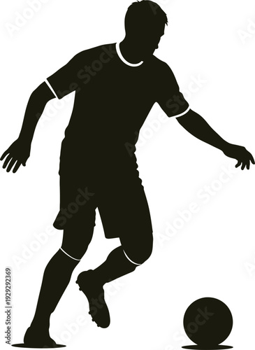 Soccer player silhouette kicking ball on white background, dynamic sports illustration