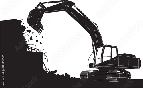 Black silhouette excavator demolishing building demolition
