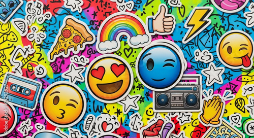 Colorful stickers and emojis representing fun and expressive emotions on a vibrant background.