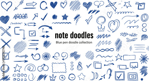Blue pen note doodles collection with hearts arrows stars checkmarks and abstract squiggles in cad drawing flat vector illustration for design