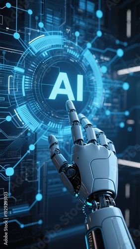 Robotic hand interacting with AI interface in a futuristic digital environment