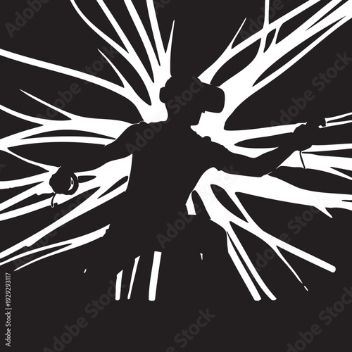 Immersive virtual reality experience with a person wearing a headset and holding controllers