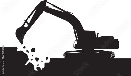 Black silhouette excavator digging into ground construction