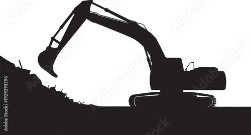 Black silhouette excavator digging into a pile of dirt