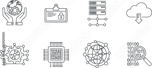 Cybersecurity and data technology line icon set with global protection cloud computing microchip and binary analysis