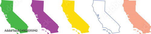 Set of colorful California state maps in various styles and designs for vector graphics