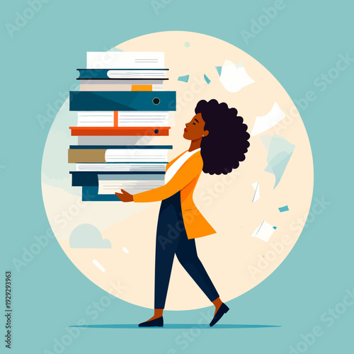 Cute illustration of a woman carrying a large stack of files, symbolizing workload and organization