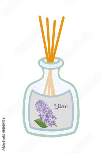 Vector illustration of aroma diffuser with aromatic sticks with lilac scent. Основные RGB