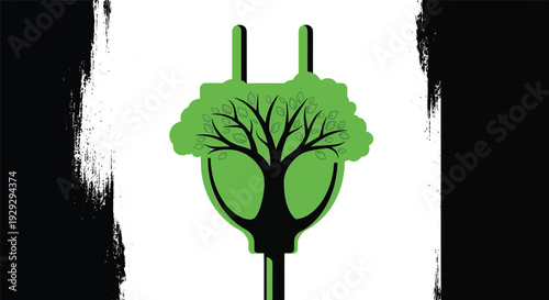 Green electrical plug in the shape of a tree with leaves