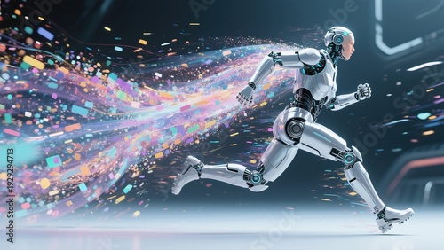 A humanoid robot running with digital particles streaming behind it in a futuristic environment