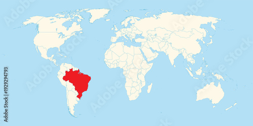 brazil country highlighted in red on world map for global geography education and south america presentation