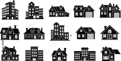 Large Collection of Black Building Silhouettes Including Residential Houses Apartment Complexes and Commercial Real Estate Icons for Urban Mapping Architectural Planning and Property Sales Marketing