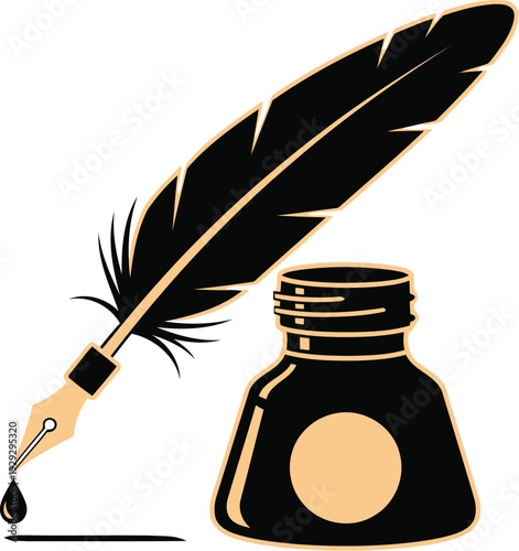 Vintage quill pen with inkwell and ink drop on white background