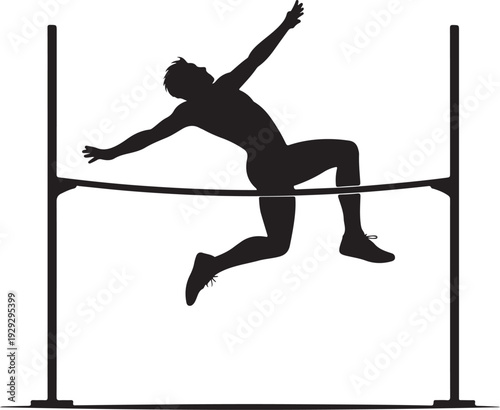 A male athlete performs a high jump clearing the bar in an athletic competition silhouette