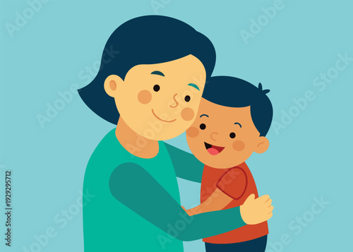 A simple flat illustration of a smiling woman with dark hair wearing a teal shirt while hugging a small toddler boy in an orange t-shirt.