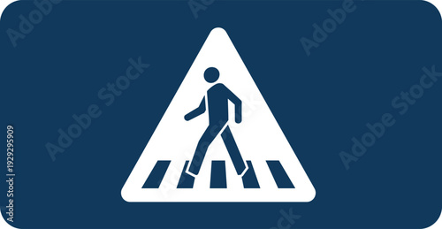Pedestrian crossing sign icon featuring a white figure walking on a zebra crosswalk inside a triangle on a dark blue background for traffic safety.