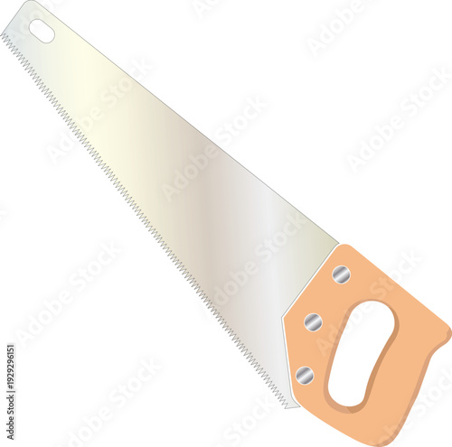 vector illustration of a carpenters saw with a wooden handle side view isolated on a white background.