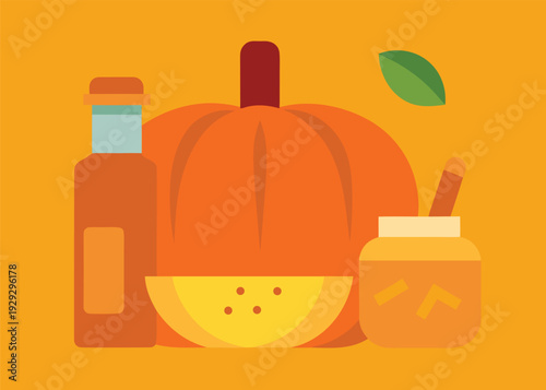 An orange pumpkin sits behind a bottle and a honey jar next to a yellow pumpkin slice and a single green leaf on a dark orange background.